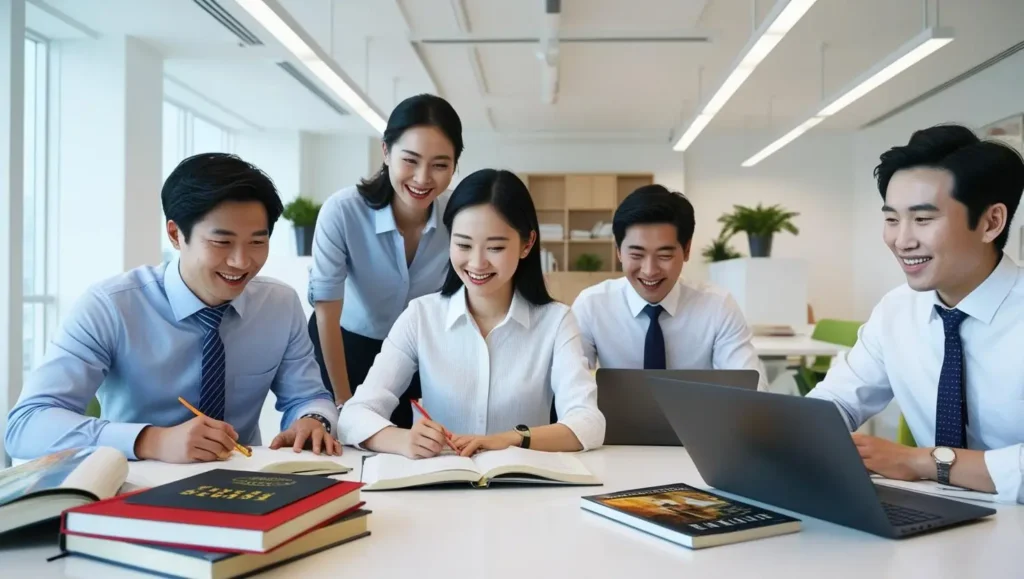 사무실 책상에 놓인 영어 단어장과 커피잔